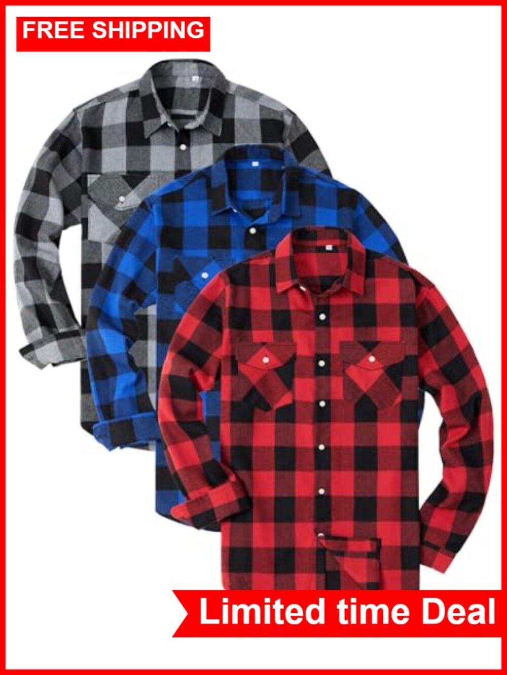 3 Pack Men's Flannel Long Sleeve Plaid Button Down Shirts